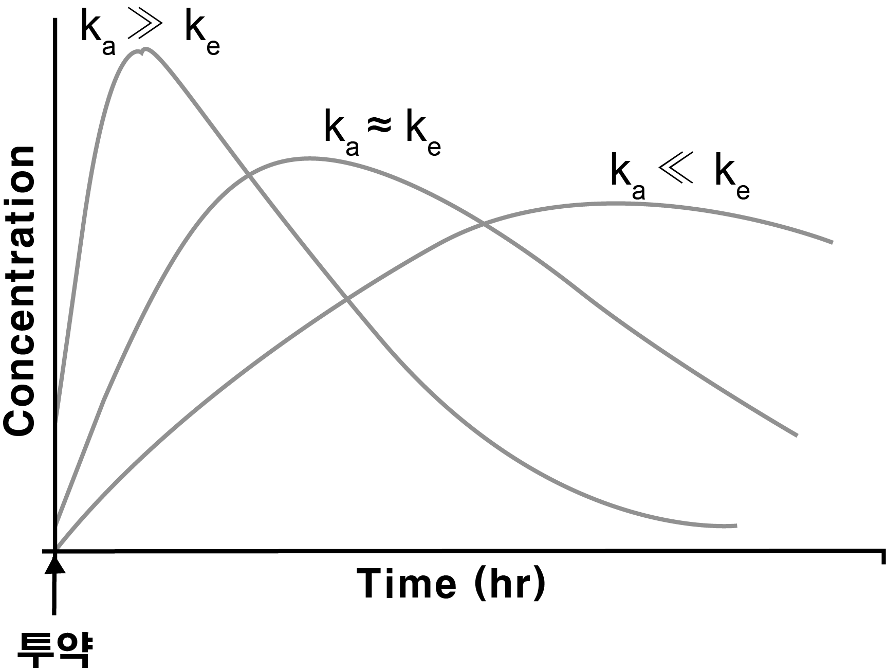 흡수속도상수(ka) 와 혈장약물농도 곡선의 관계 